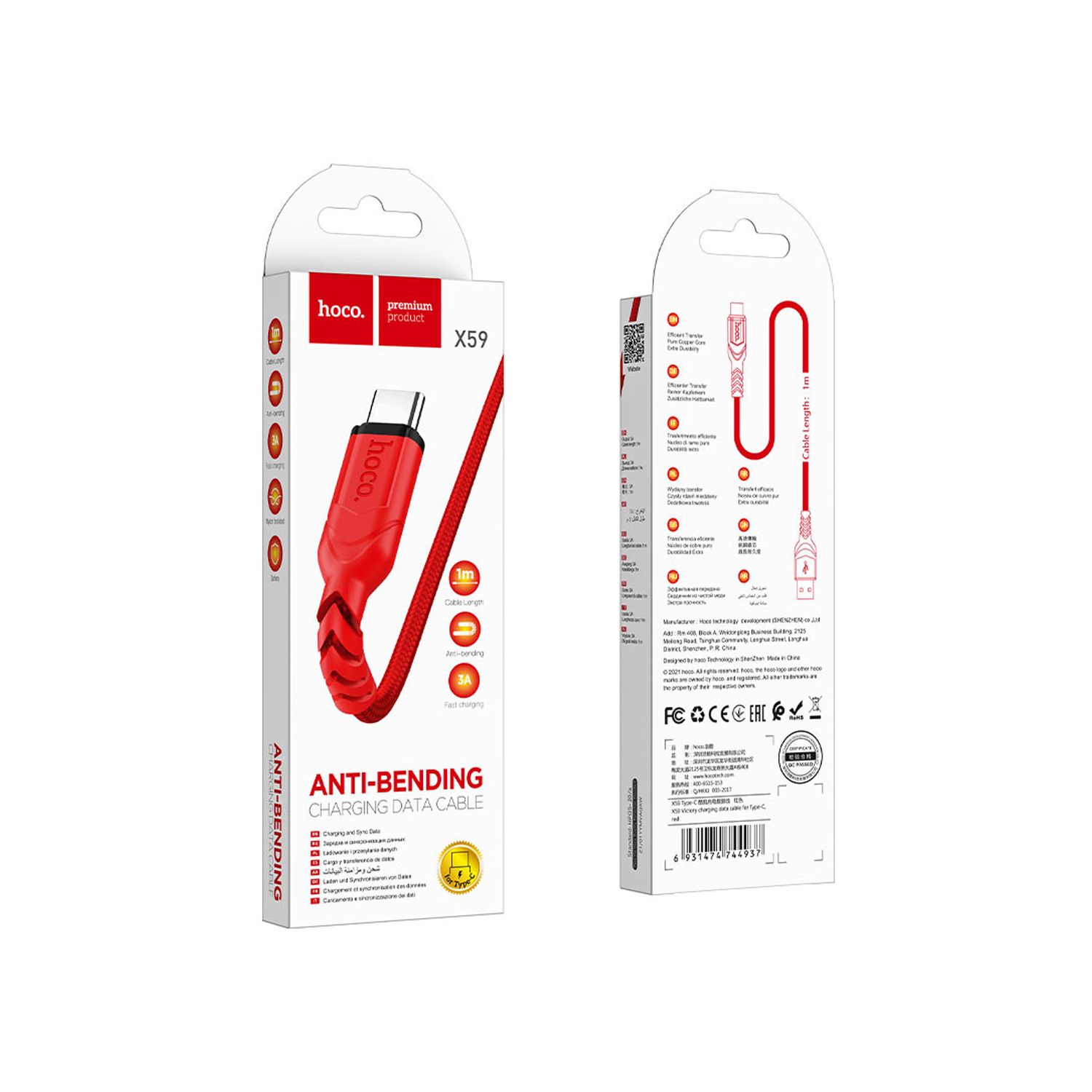 Hoco X59 Victory Charging Data Cable for Type-C 1M – Red